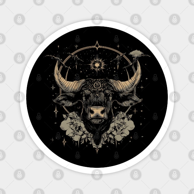 Taurus Zodiac - Art Nouveau Line Art Gold Magnet by TuncGK